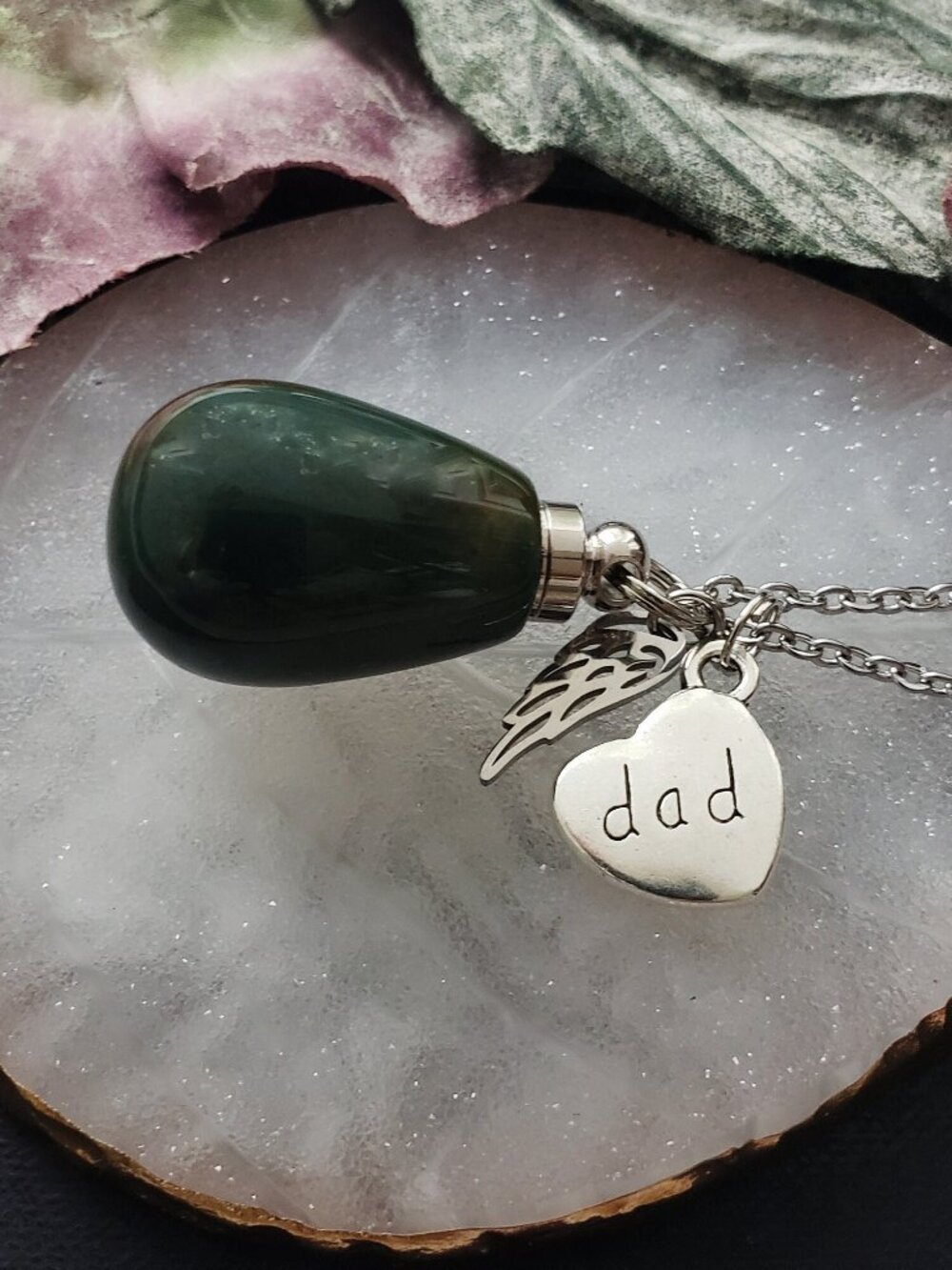 Green Agate Memorial Urn Necklace Dad Heart Charm Angel Wing Loss Condolence